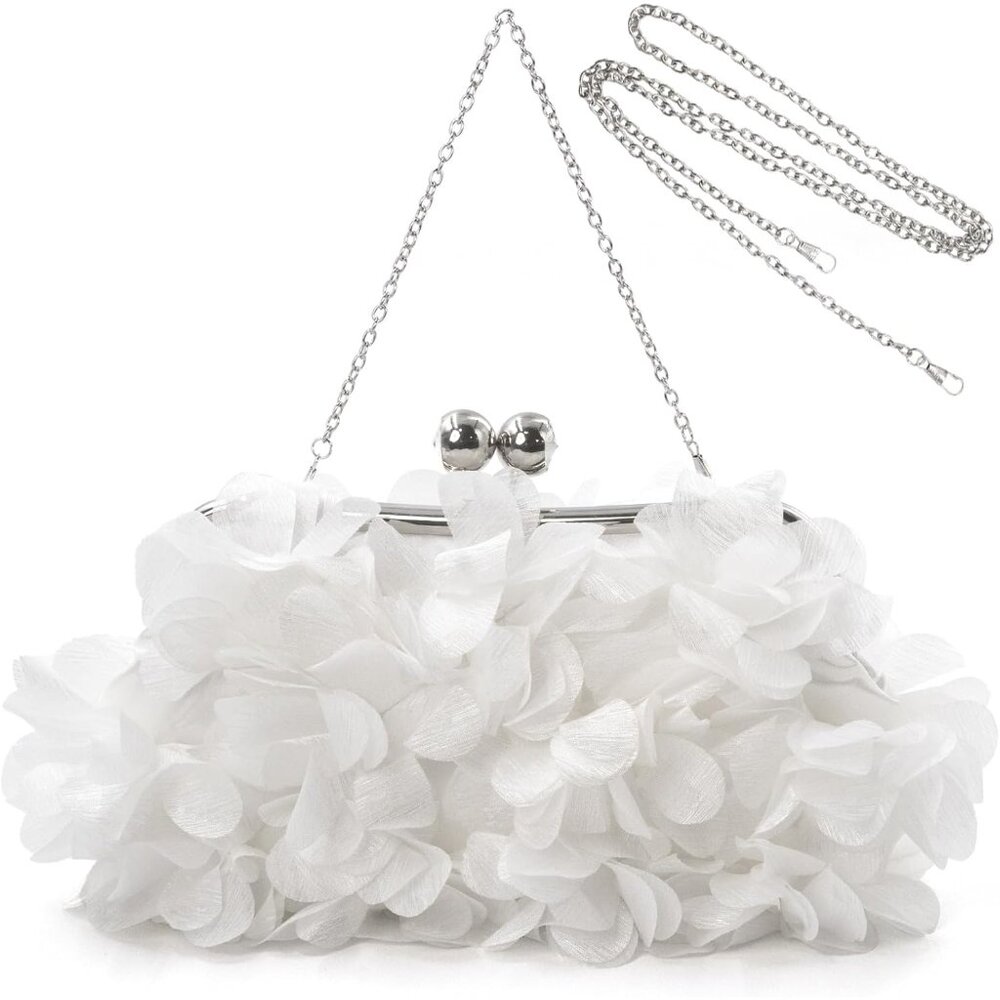 Women's White Floral Elegant Detachable Chain Party Wedding Prom Clutch Bag
